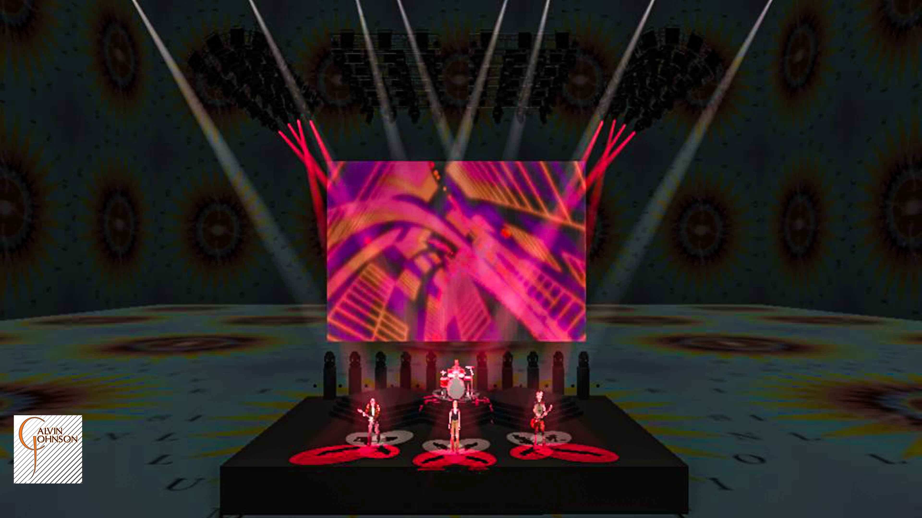 A 3D Representation of a concert set and lighting design for the band Foo Fighters.