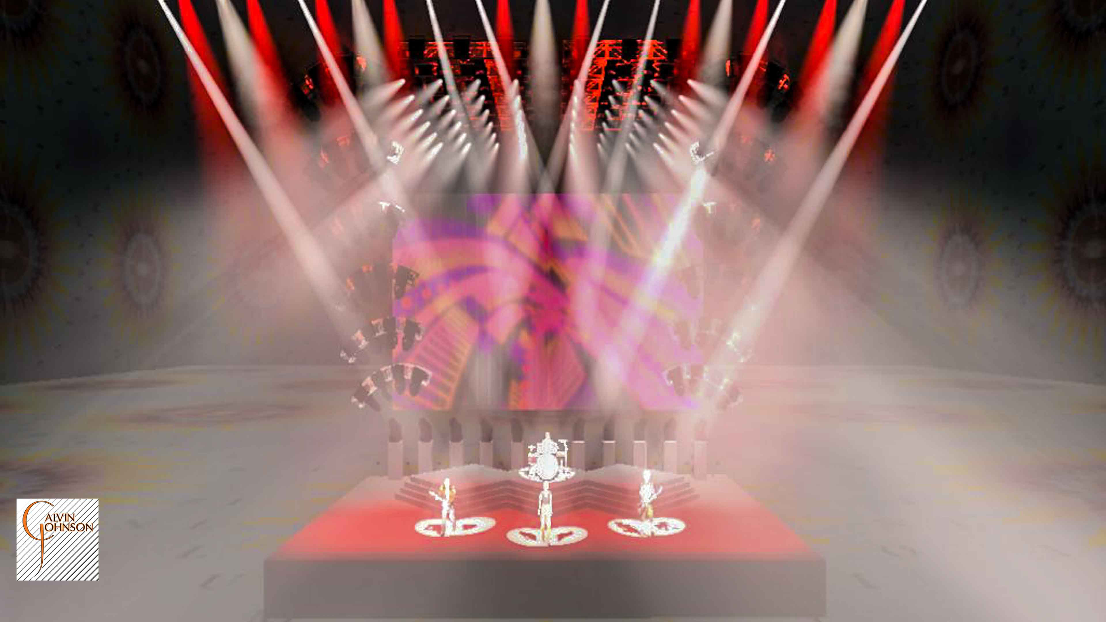 A 3D Representation of a concert set and lighting design for the band Foo Fighters.