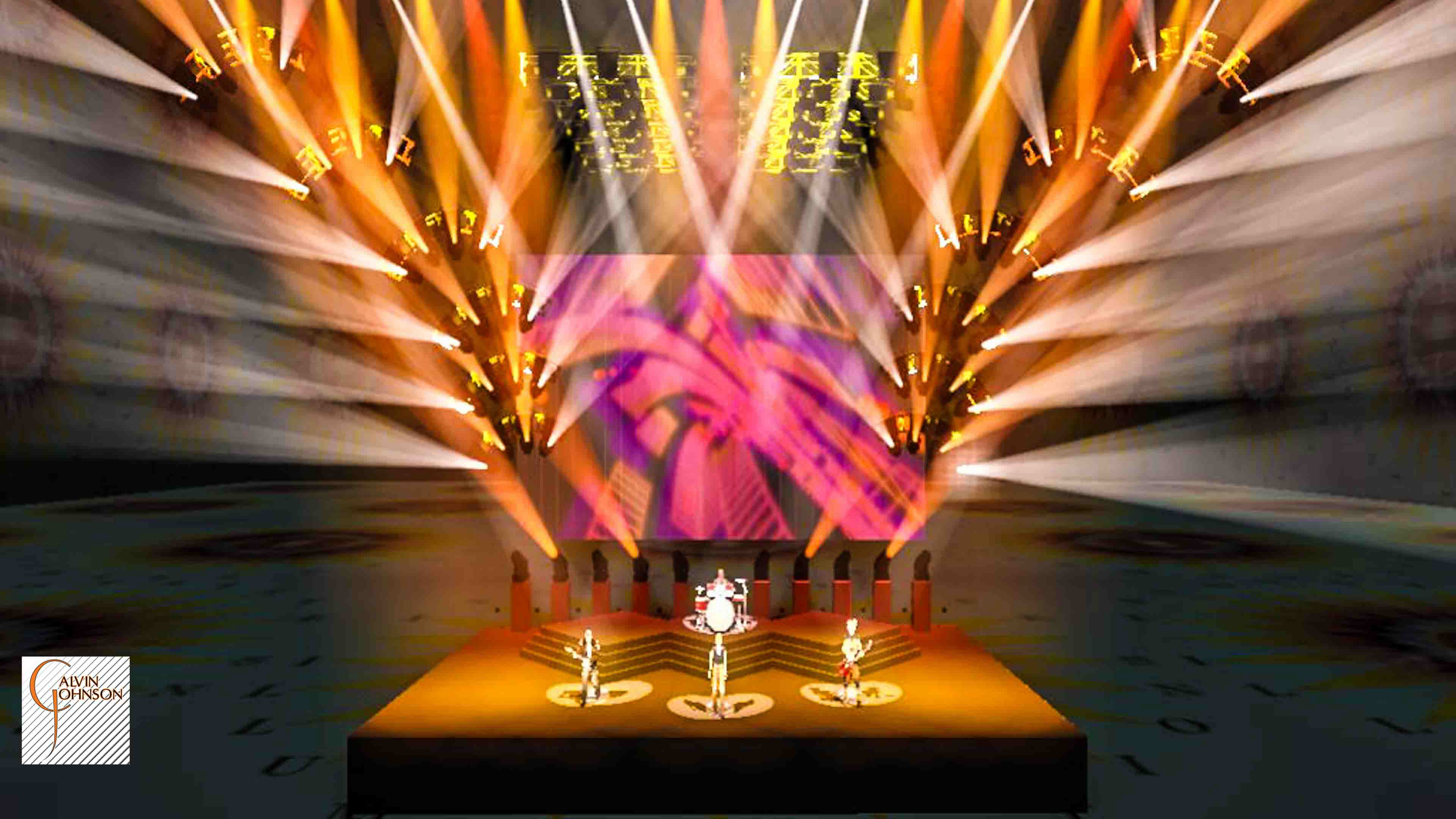 A 3D Representation of a concert set and lighting design for the band Foo Fighters.