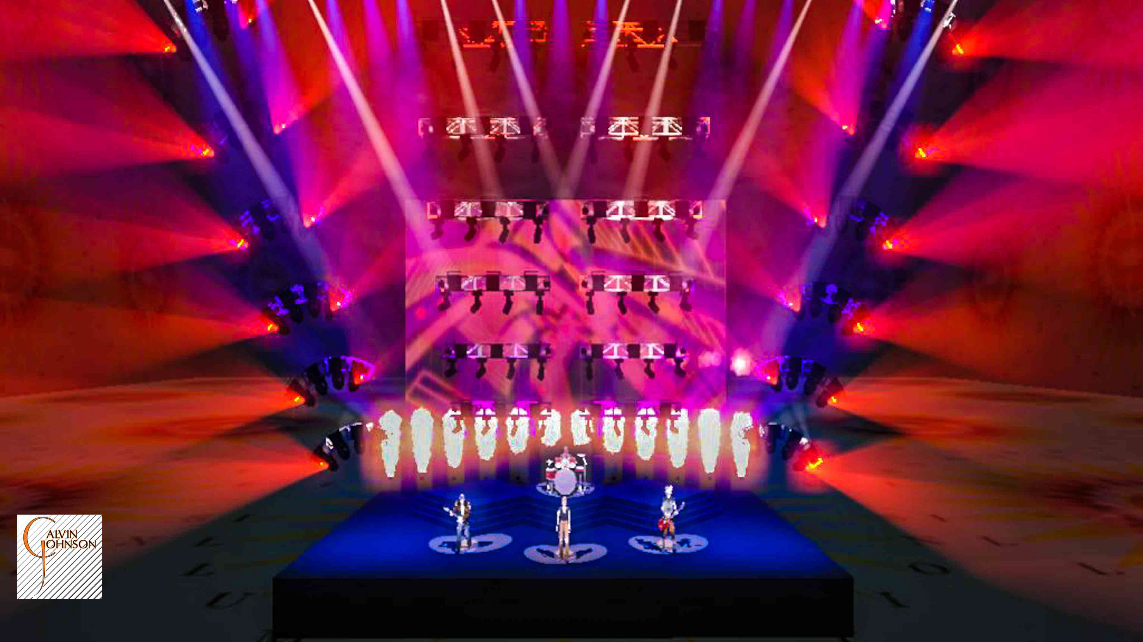 A 3D Representation of a concert set and lighting design for the band Foo Fighters.