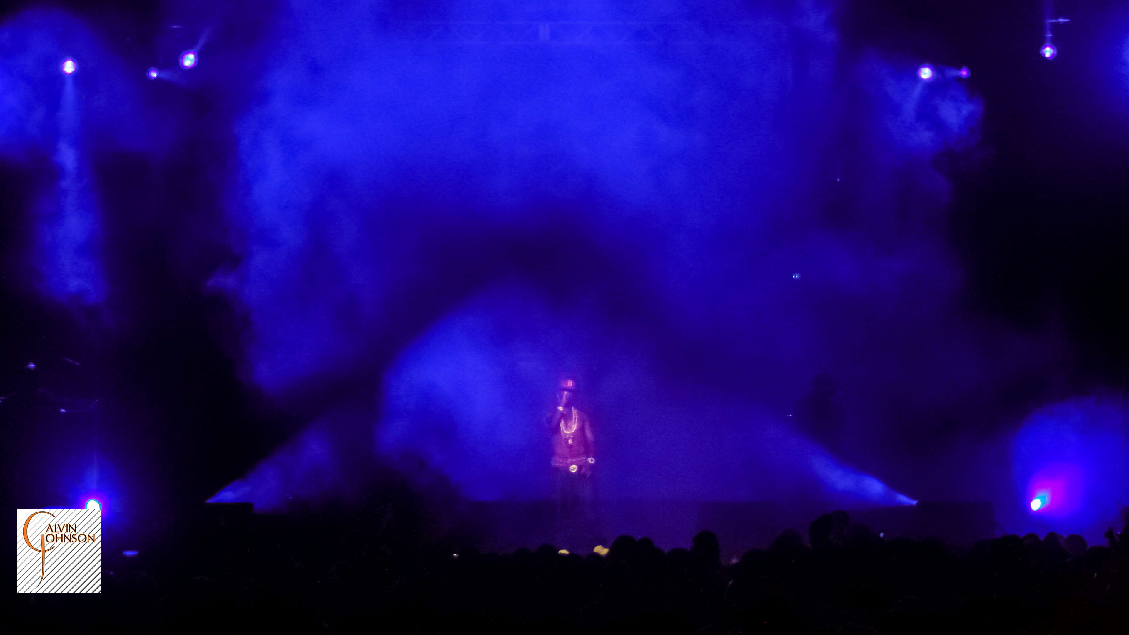Blue lighting and smoke surrounding the opening act at Young Jeezy Concert at North Carolina A&T
